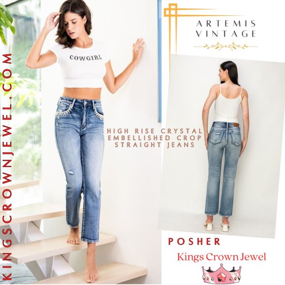 Artemis Vintage Denim - High Rise Crystal Embellished Crop Straight Jeans